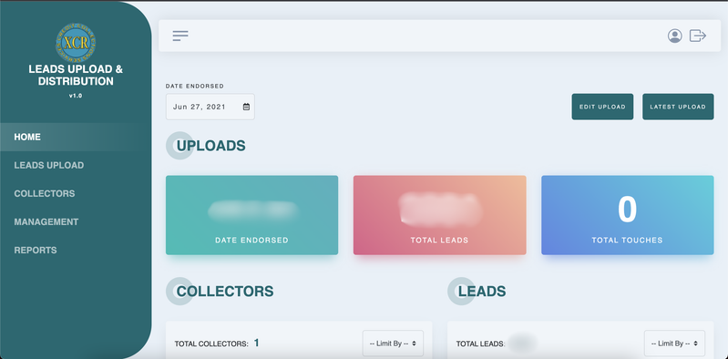 Credit Collections System — Home dashboard