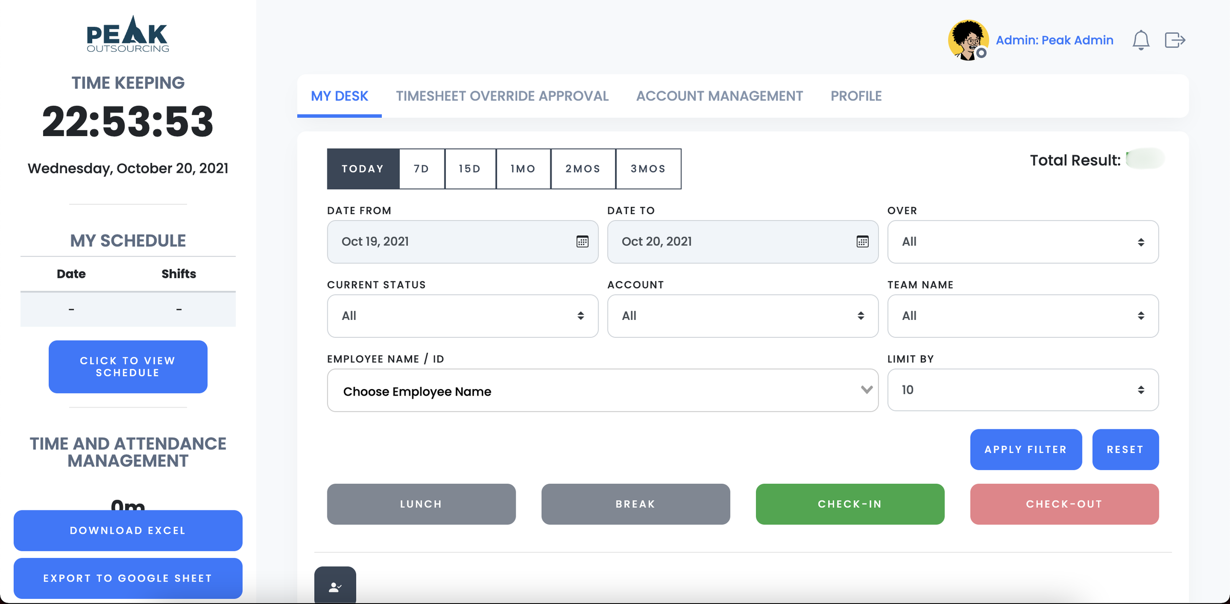 Time Keeping System — My Desk and attendance controls