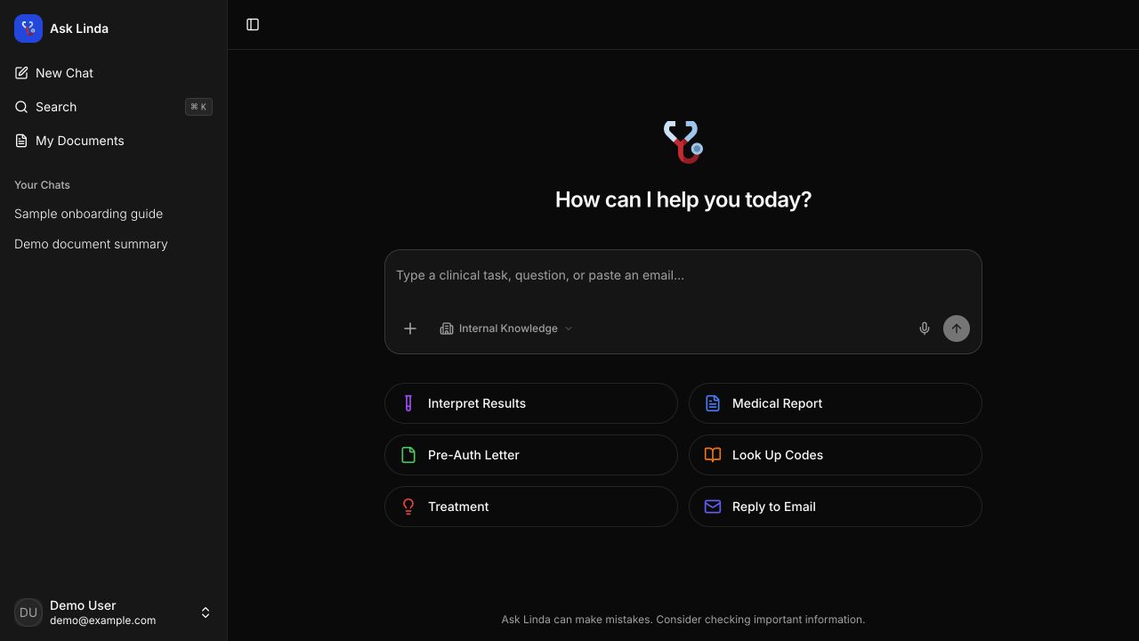 Ask Linda — Ask Linda chat workspace — local app preview with a demo account and fictional conversation titles.