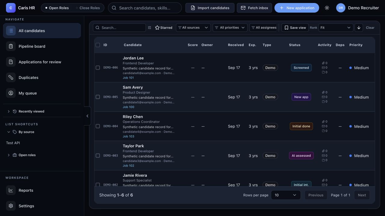DBG CARIS HR App — Actual CARIS candidate list — fictional candidates and demo recruiter.