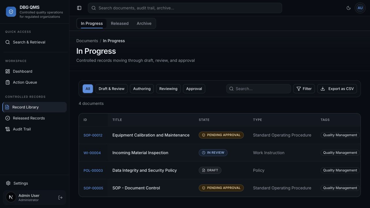 DBG QMS — Local in-memory demo — synthetic document library.
