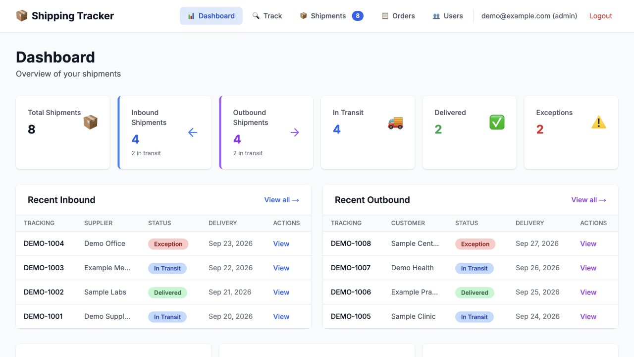 Shipping Tracker — Inbound and outbound shipment dashboard — actual interface with fictional shipments.