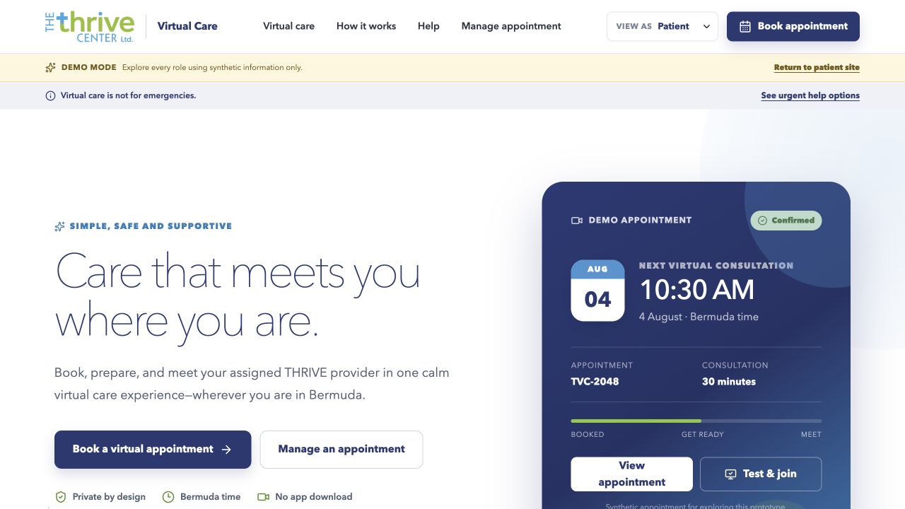 Thrive Care — Interactive prototype — synthetic patient appointment.