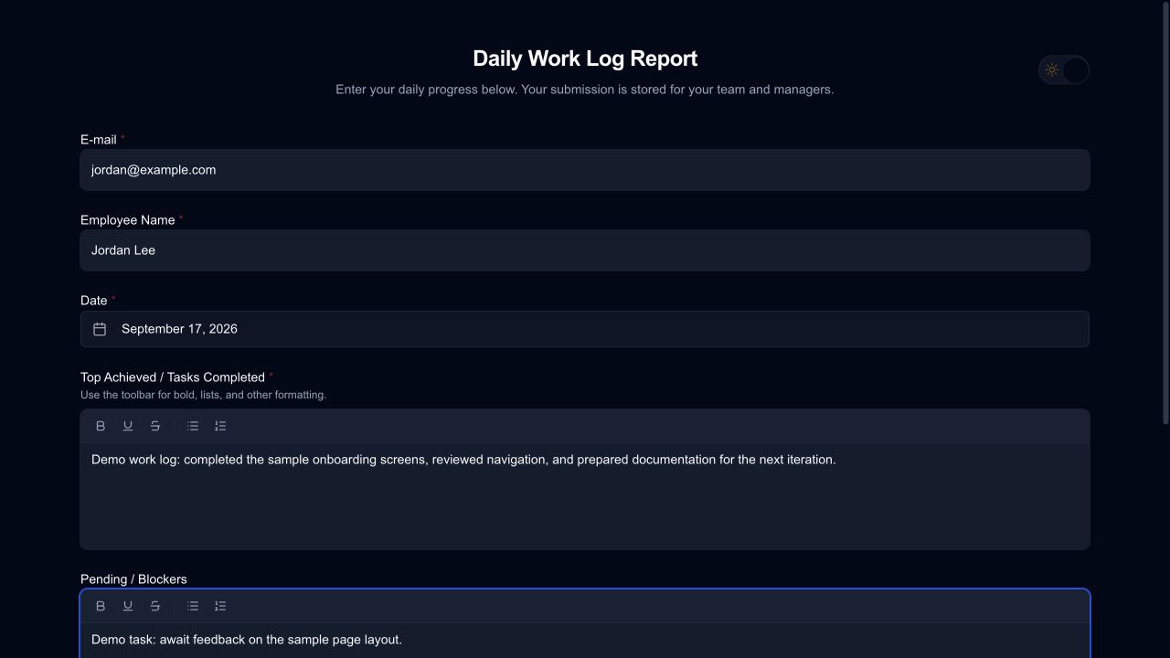 UCG Daily Work Logs — Actual daily work log form — fictional identity and sample tasks.